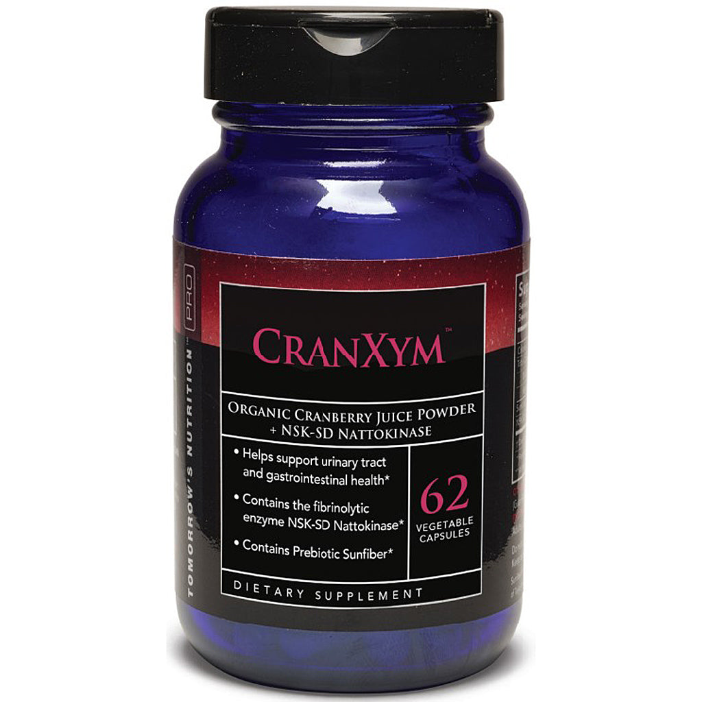 Blue supplement bottle labeled 'CranXym' on a white background
