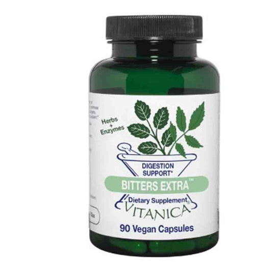 A bottle of Vitanica Bitters Extra dietary supplement capsules. The product is in a dark green translucent plastic bottle with a black ribbed cap and a white label featuring green leaf graphics and blue text.