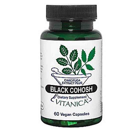 A dark green glass bottle of Vitanica Black Cohosh dietary supplement with a black ribbed cap and a white label featuring green leaf graphics.