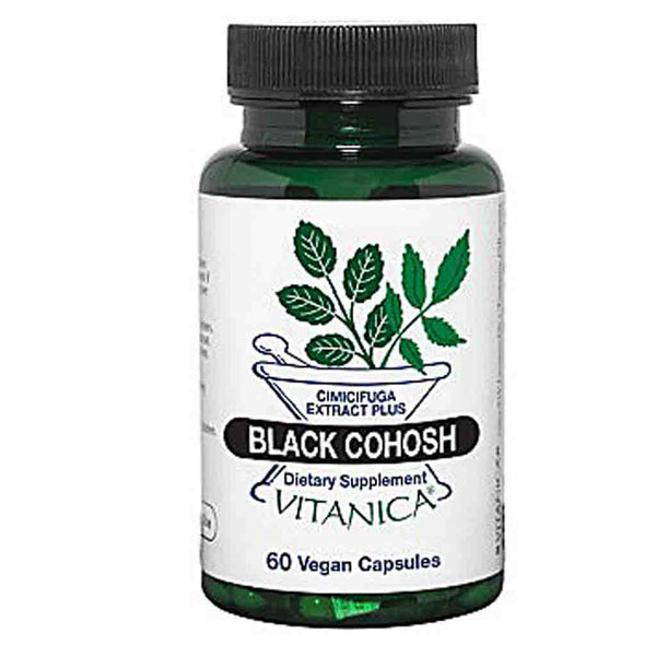 A dark green glass bottle of Vitanica Black Cohosh dietary supplement with a black ribbed cap and a white label featuring green leaf graphics.