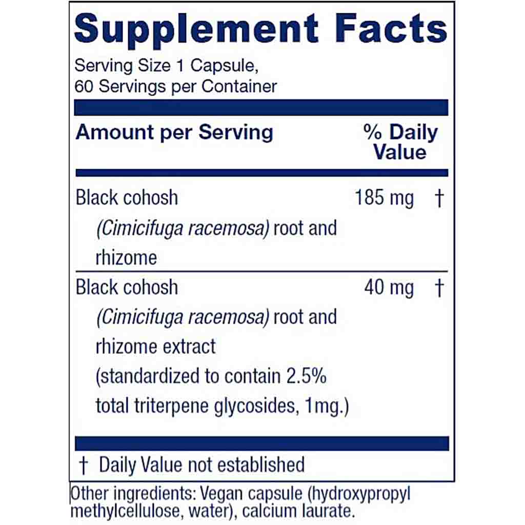 A supplement facts label for a black cohosh product, showing serving size 1 capsule, 60 servings per container, with amounts per serving in mg and a note that black cohosh is standardized to contain 2.5% total triterpene glycosides, 1mg.