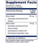 A supplement facts label for a black cohosh product, showing serving size 1 capsule, 60 servings per container, with amounts per serving in mg and a note that black cohosh is standardized to contain 2.5% total triterpene glycosides, 1mg.