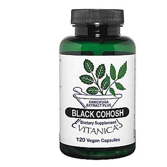 A dark green glass bottle of Vitanica Black Cohosh dietary supplement with a white label and black cap, shown on a plain white background.