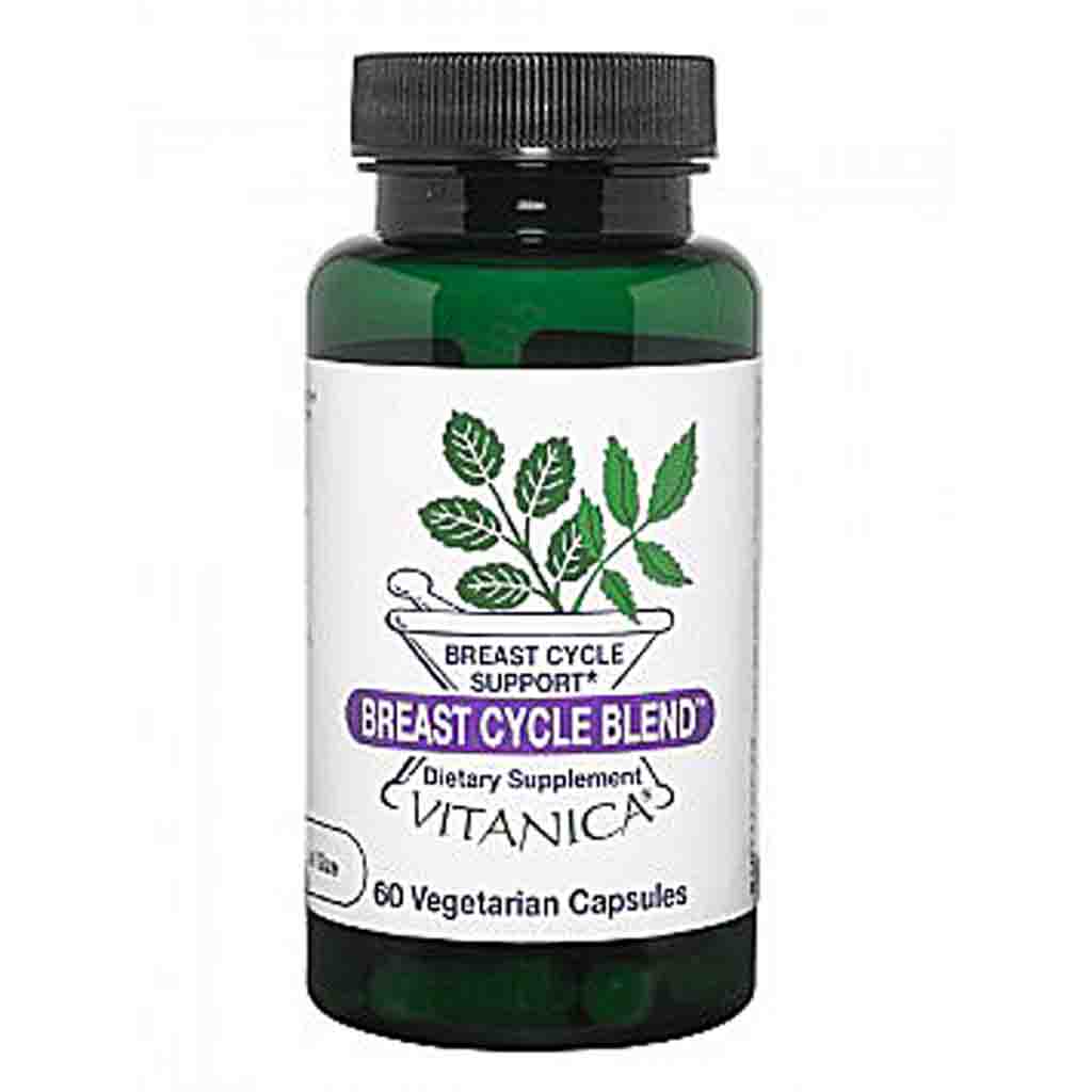 A dark green bottle of Vitanica Breast Cycle Blend dietary supplement with a white label and black cap, on a white background.