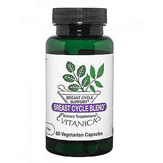 A dark green bottle of Vitanica Breast Cycle Blend dietary supplement with a white label and black cap, on a white background.