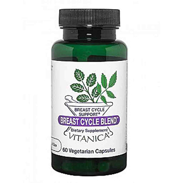 A dark green bottle of Vitanica Breast Cycle Blend dietary supplement with a white label and black cap, on a white background.
