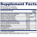 A supplement facts label showing a nutrition table with ingredients and daily value percentages, including Vitamin A, Vitamin C, Vitamin D-2, Calcium, Selenium, Flax, Green tea, Calcium D-Glucarate, DIM, Coenzyme Q-10, and Lycopene.