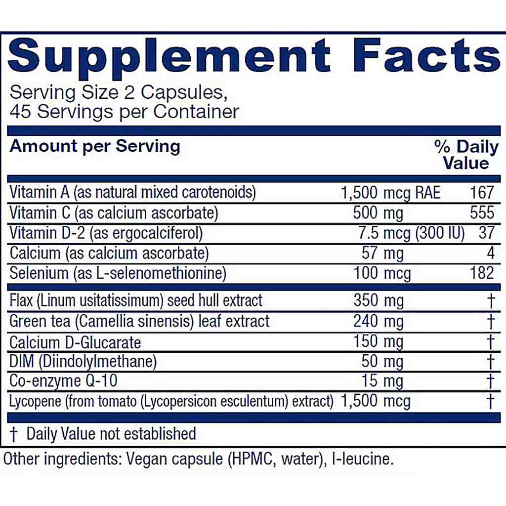 A supplement facts label showing a nutrition table with ingredients and daily value percentages, including Vitamin A, Vitamin C, Vitamin D-2, Calcium, Selenium, Flax, Green tea, Calcium D-Glucarate, DIM, Coenzyme Q-10, and Lycopene.