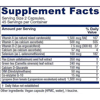 A supplement facts label showing a nutrition table with ingredients and daily value percentages, including Vitamin A, Vitamin C, Vitamin D-2, Calcium, Selenium, Flax, Green tea, Calcium D-Glucarate, DIM, Coenzyme Q-10, and Lycopene.
