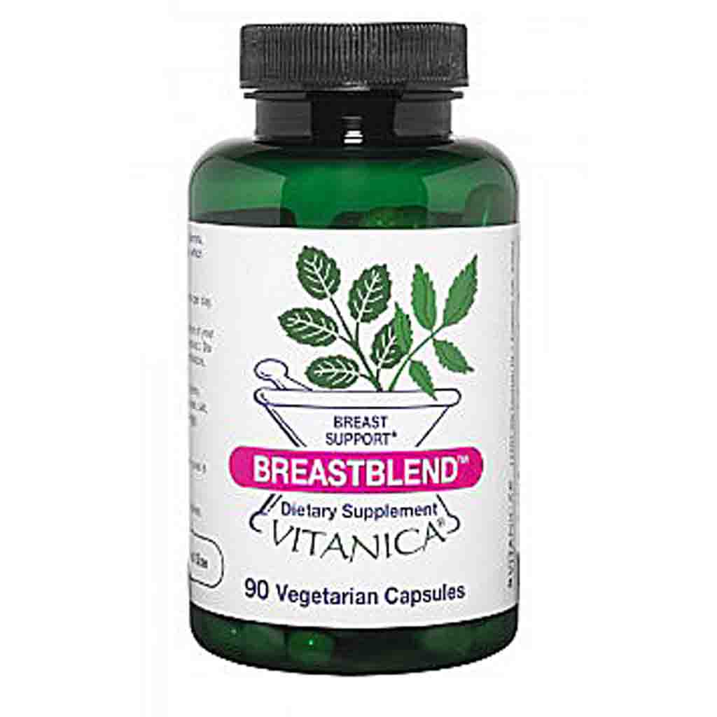 A green translucent plastic bottle of BreastBlend dietary supplement by Vitanica, containing 90 vegetarian capsules, with a black cap and a white label featuring green leaf graphics.