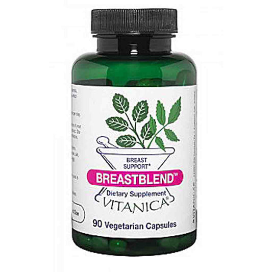 A green translucent plastic bottle of BreastBlend dietary supplement by Vitanica, containing 90 vegetarian capsules, with a black cap and a white label featuring green leaf graphics.