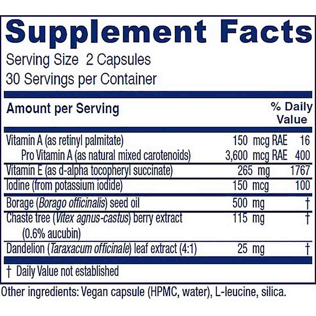 A close-up of a supplement facts label showing the nutrition panel for a capsule product. The label lists serving size as 2 capsules, 30 servings per container, and details for various nutrients including Vitamin A, Pro Vitamin A, Vitamin E, and Iodine, along with listed ingredients such as Borage seed oil, Chaste tree berry extract, and Dandelion leaf extract.