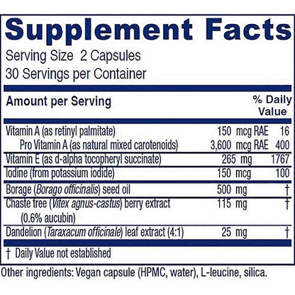 A close-up of a supplement facts label showing the nutrition panel for a capsule product. The label lists serving size as 2 capsules, 30 servings per container, and details for various nutrients including Vitamin A, Pro Vitamin A, Vitamin E, and Iodine, along with listed ingredients such as Borage seed oil, Chaste tree berry extract, and Dandelion leaf extract.
