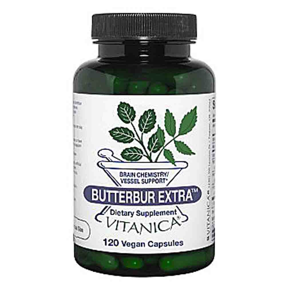 A bottle of Vitanica Butterbur Extra dietary supplement, containing 120 vegan capsules. The product is in a dark green translucent bottle with a black ribbed cap and a white label featuring green leaf graphics and blue text.
