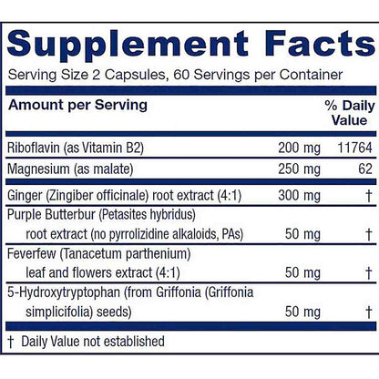 A close-up of a supplement facts label showing the ingredients list with riboflavin, magnesium, ginger, purple butterbur, feverfew, and 5-hydroxytryptophan, along with daily value percentages.