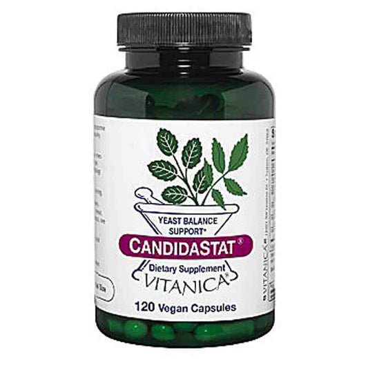 A bottle of Candidastat dietary supplement by Vitanica, containing 120 vegan capsules. The product is in a dark green translucent bottle with a black ribbed cap and a white label featuring green leaf illustrations and a purple brand banner.