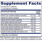 A close-up of a supplement facts label showing a list of ingredients and daily values, including Vitamin E, Calcium, Caprylic acid, Garlic, Milk thistle, Oregon grape, and Grapefruit.