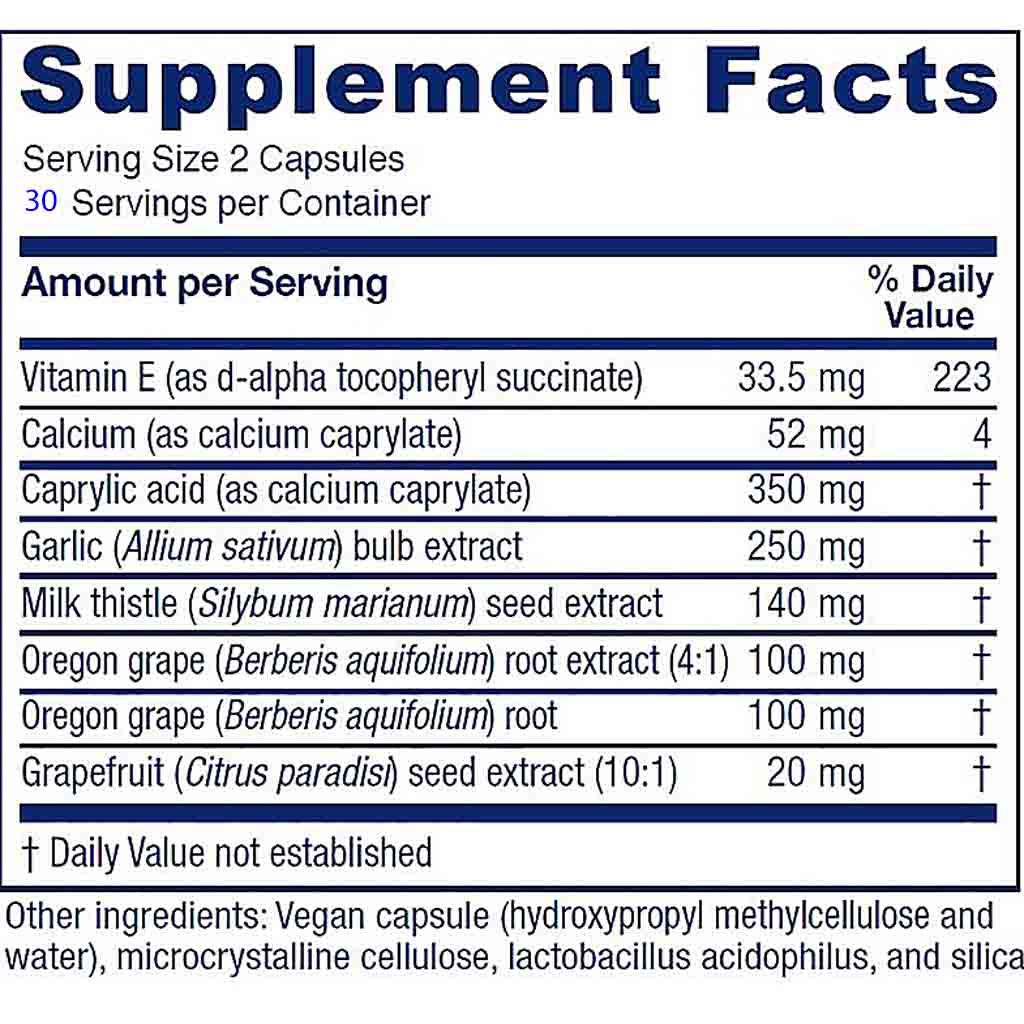 A close-up of a supplement facts label showing a list of ingredients and daily values, including Vitamin E, Calcium, Caprylic acid, Garlic, Milk thistle, Oregon grape, and Grapefruit.