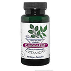 A bottle of CandidaStat dietary supplement by Vitanica, featuring a dark green bottle, black cap, and a white label with green leaves and a purple brand banner.