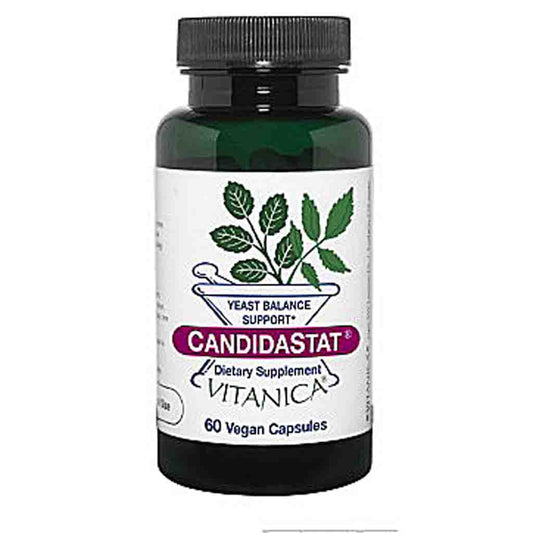 A bottle of CandidaStat dietary supplement by Vitanica, featuring a dark green bottle, black cap, and a white label with green leaves and a purple brand banner.