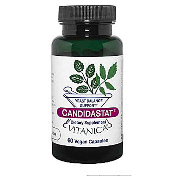 A bottle of CandidaStat dietary supplement by Vitanica, featuring a dark green bottle, black cap, and a white label with green leaves and a purple brand banner.
