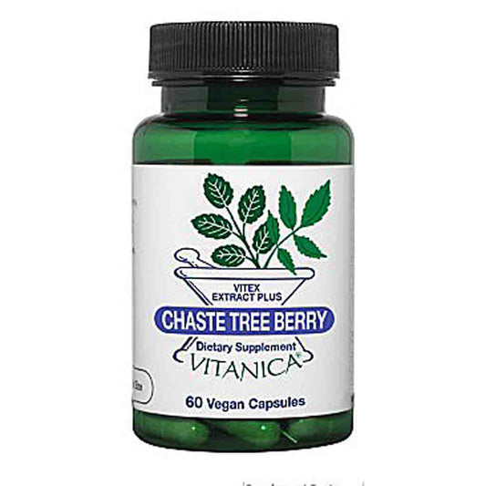 Vitex Extract Plus Chaste Tree Berry dietary supplement by Vitanica in a green plastic bottle with a black cap and white label.