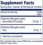 A supplement facts label for Chaste tree berry extract, showing serving size, daily value percentages, ingredient amounts in mg, and other ingredients listed at the bottom.