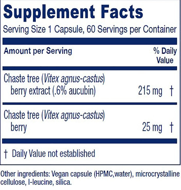 A supplement facts label for Chaste tree berry extract, showing serving size, daily value percentages, ingredient amounts in mg, and other ingredients listed at the bottom.