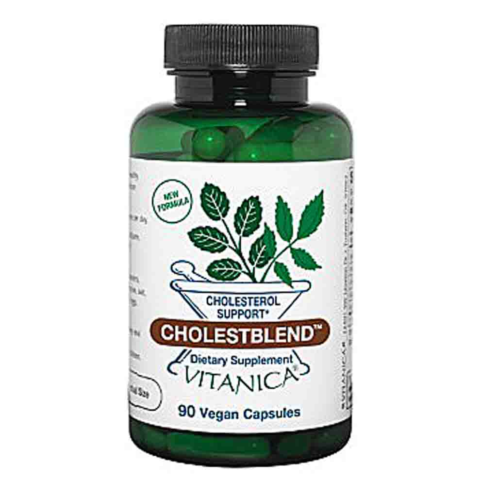 A bottle of Vitanica Cholestblend dietary supplement with 90 vegan capsules, featuring a white label with green leaf graphics and a black cap on a white background.