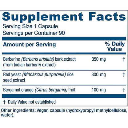 A close-up of a supplement facts label showing the ingredients list for a vegan capsule. The label lists Berberine (350 mg), Red yeast (300 mg), and Bergamot orange (100 mg) with daily value percentages, on a white background with blue text and headers.