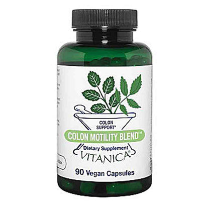 A bottle of Vitanica Colon Motility Blend dietary supplement, featuring a dark green translucent bottle, black cap, and a white label with green leaf graphics and text.