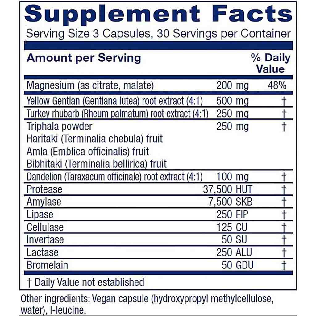 A supplement facts label with a white background and blue header, listing serving size 3 capsules and daily value percentages for various ingredients including magnesium, yellow gentian, turkey rubbarb, triphala powder, dandelion, protease, amylase, lipase, cellulase, invertase, lactase, and bromelain.