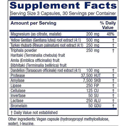 A supplement facts label with a white background and blue header, listing serving size 3 capsules and daily value percentages for various ingredients including magnesium, yellow gentian, turkey rubbarb, triphala powder, dandelion, protease, amylase, lipase, cellulase, invertase, lactase, and bromelain.