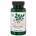 A bottle of Vitanica Cramp Relax dietary supplement capsules, featuring a dark green translucent bottle, black cap, and a white label with green leaf graphics and an orange accent band.