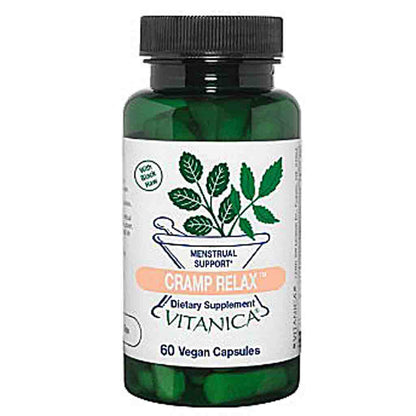 A bottle of Vitanica Cramp Relax dietary supplement capsules, featuring a dark green translucent bottle, black cap, and a white label with green leaf graphics and an orange accent band.