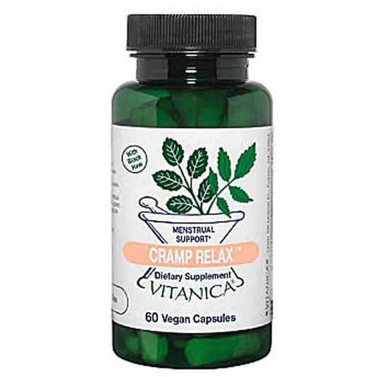 A bottle of Vitanica Cramp Relax dietary supplement capsules, featuring a dark green translucent bottle, black cap, and a white label with green leaf graphics and an orange accent band.