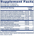 A close-up of a supplement facts label showing a supplement called Black HAWK Root Extract. The label details the serving size of 3 capsules, daily value percentages, and lists ingredients including Vitamin C, E, and B6, along with Black HAWK (Viburnum prunifolium) root extract at 300 mg.