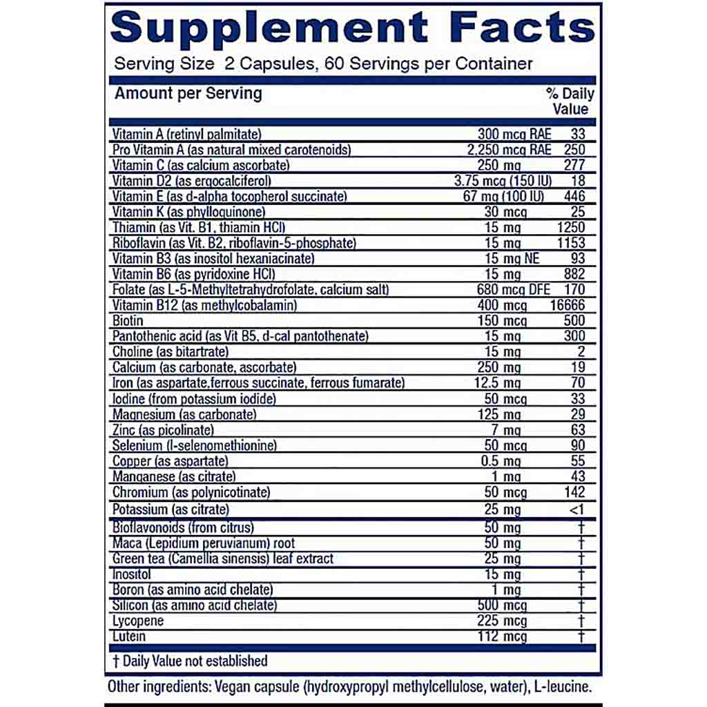 A Supplement Facts label showing a list of vitamins, minerals, and other nutrients with serving size 2 capsules and 60 servings per container.