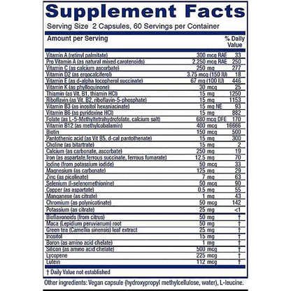 A Supplement Facts label showing a list of vitamins, minerals, and other nutrients with serving size 2 capsules and 60 servings per container.