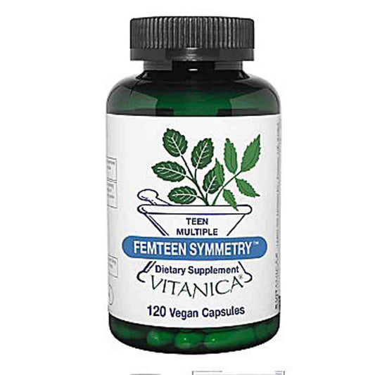 A bottle of Vitanica Femteen Symmetry dietary supplement, featuring a dark green translucent bottle, a black ribbed cap, and a white label with green leaf graphics and blue accents.