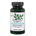 A bottle of Vitanica Flora Symmetry Intestinal Probiotic Support dietary supplement, containing 60 vegan capsules. The product is in a dark green translucent bottle with a black ribbed cap and a white label featuring green leaf graphics.