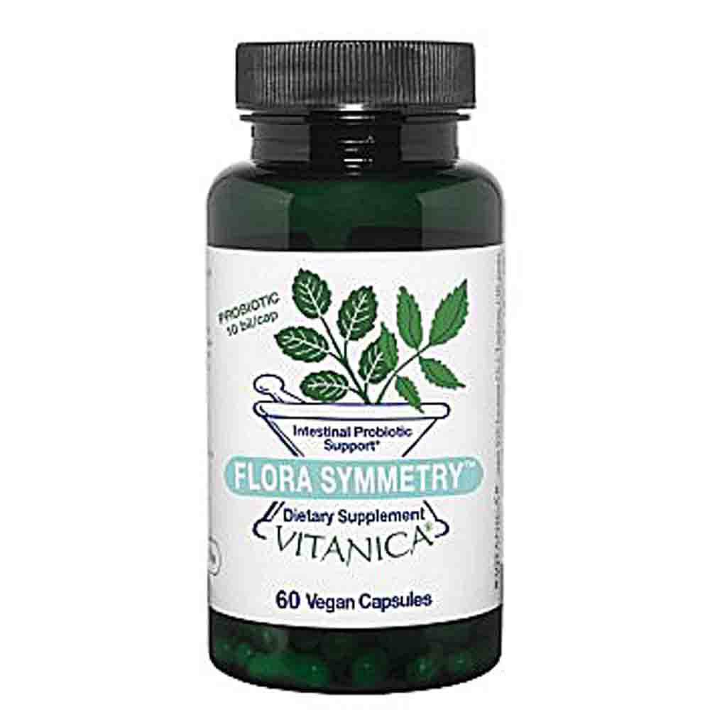 A bottle of Vitanica Flora Symmetry Intestinal Probiotic Support dietary supplement, containing 60 vegan capsules. The product is in a dark green translucent bottle with a black ribbed cap and a white label featuring green leaf graphics.