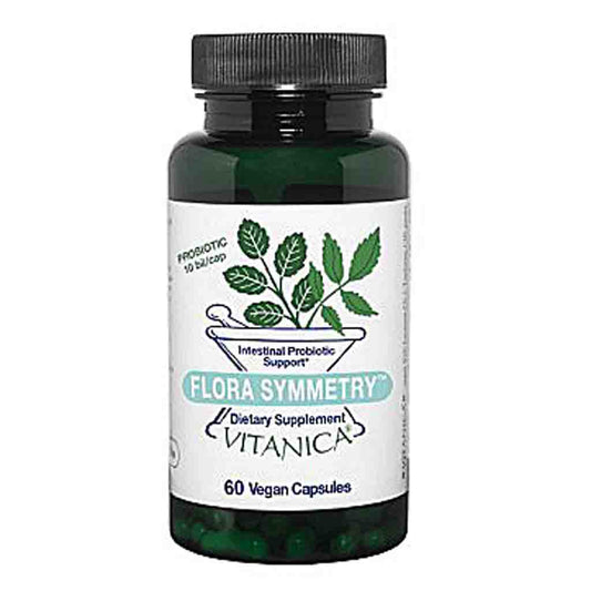 A bottle of Vitanica Flora Symmetry Intestinal Probiotic Support dietary supplement, containing 60 vegan capsules. The product is in a dark green translucent bottle with a black ribbed cap and a white label featuring green leaf graphics.
