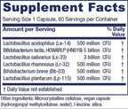 A close-up of a supplement facts label showing listed bacteria strains, serving size, daily value percentages, and other ingredients in small print.