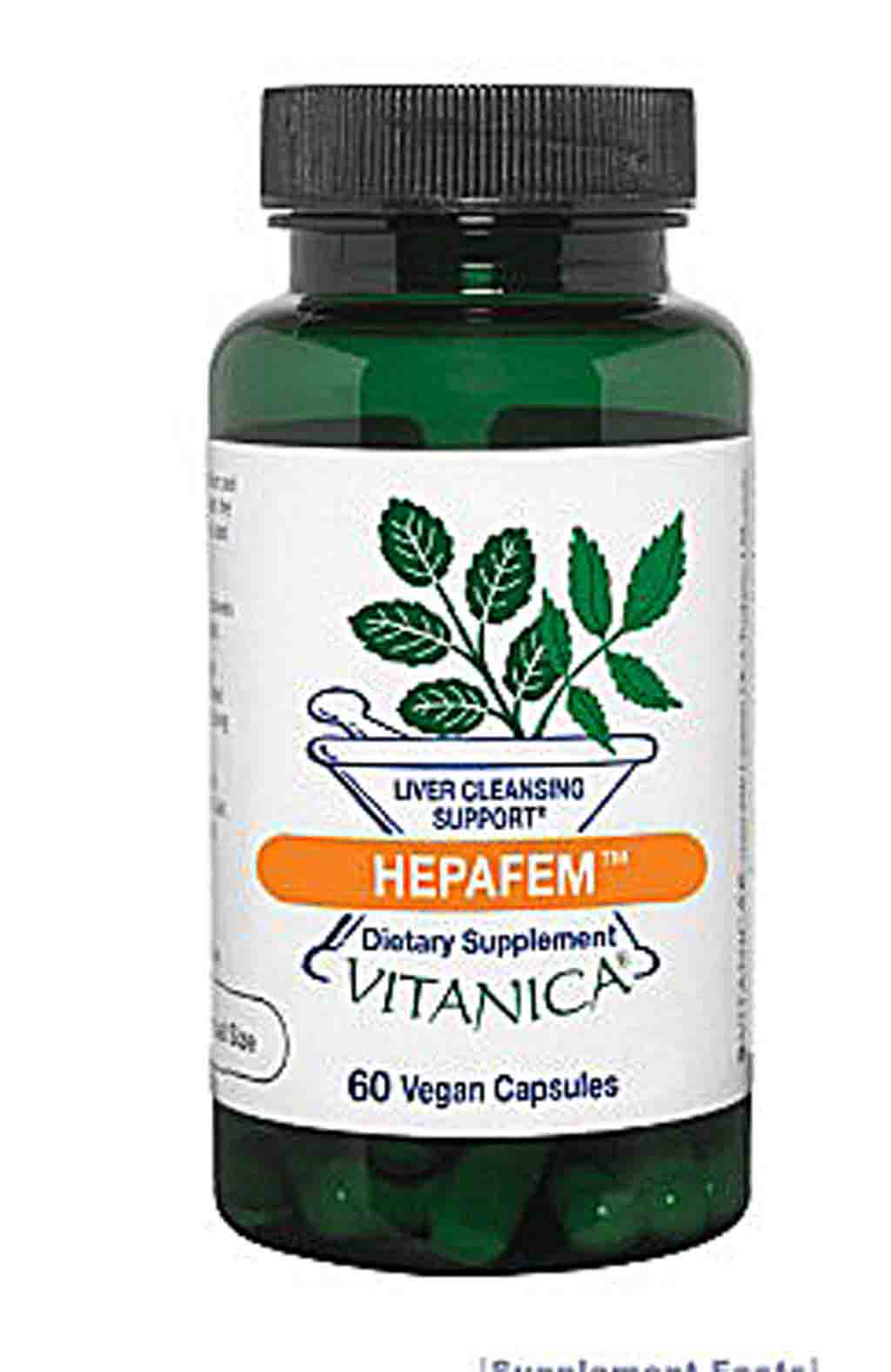A green translucent plastic bottle of Vitanica HEPAFEM dietary supplement with a black ribbed cap and a white label featuring green leaf graphics and an orange banner.
