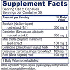A close-up of a supplement facts label showing a list of ingredients and daily value information, including Burdock root extract, Dandelion root extract, Milk thistle seed extract, Celandine herb, Curcumin root extract, and Beet root extract.