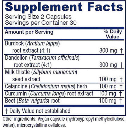 A close-up of a supplement facts label showing a list of ingredients and daily value information, including Burdock root extract, Dandelion root extract, Milk thistle seed extract, Celandine herb, Curcumin root extract, and Beet root extract.