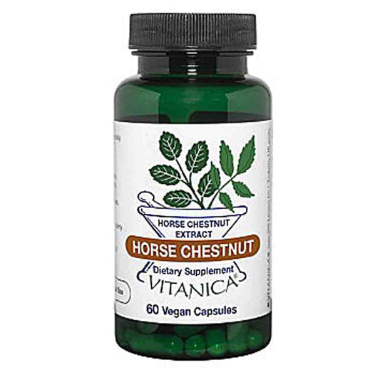 A bottle of Vitanica Horse Chestnut dietary supplement, featuring a dark green translucent bottle, a black ribbed cap, and a white label with green leaf illustrations and brown text.