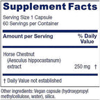 A close-up of a supplement facts label showing Horse Chestnut extract, 250 mg, with serving size 1 capsule and 60 servings per container.