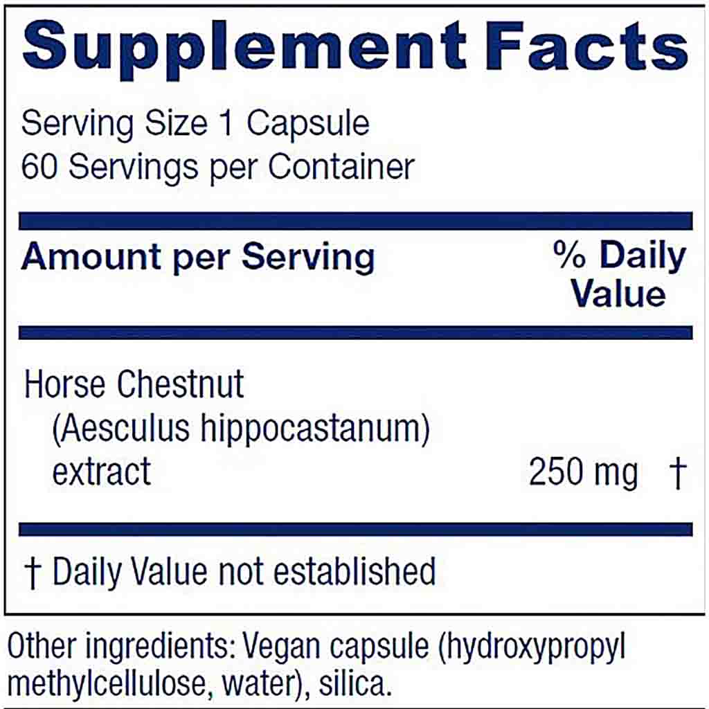 A close-up of a supplement facts label showing Horse Chestnut extract, 250 mg, with serving size 1 capsule and 60 servings per container.